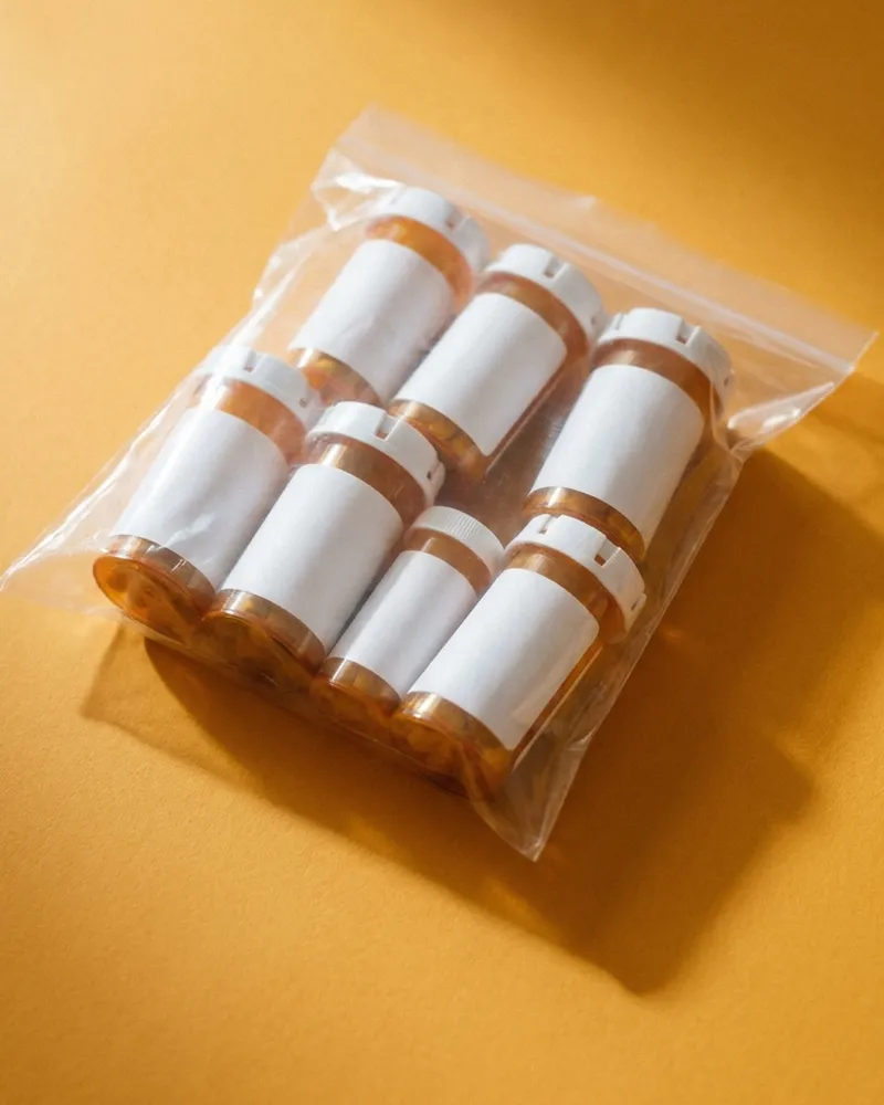 A clear bag holding eight amber pill bottles with blank labels.