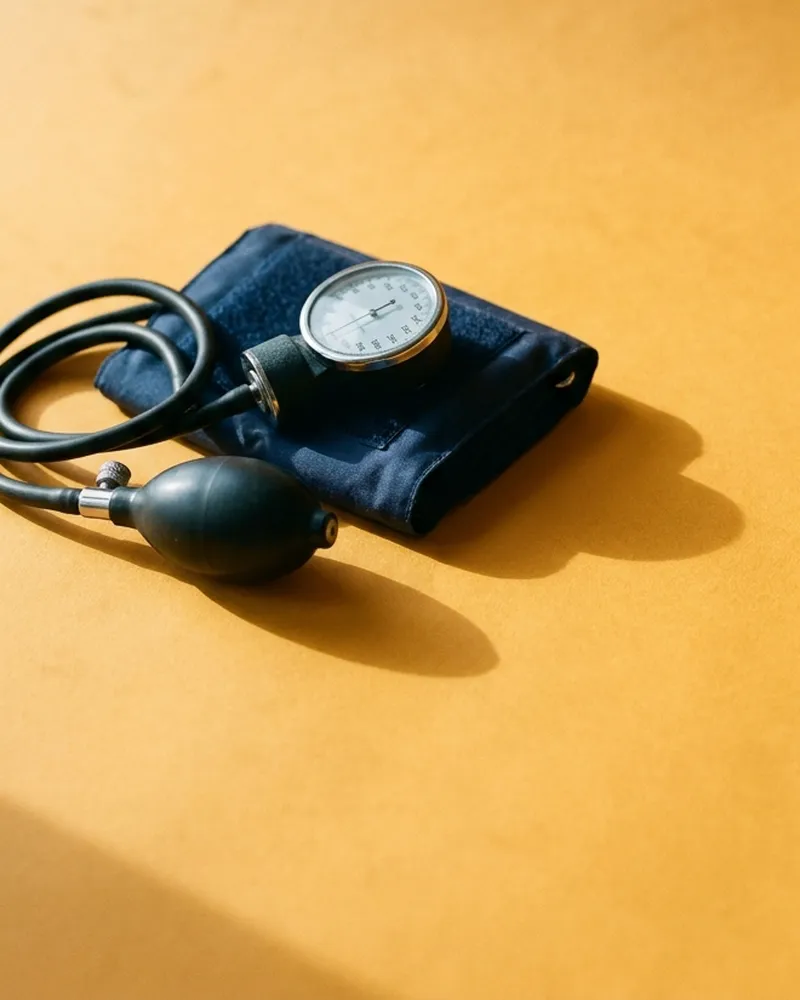 A navy blood pressure cuff with its gauge and bulb.