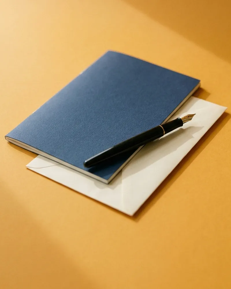 A blue booklet on a cream envelope, with a fountain pen across them.