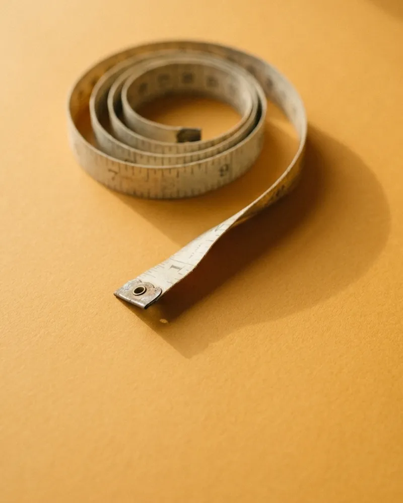 A cloth measuring tape, loosely coiled.