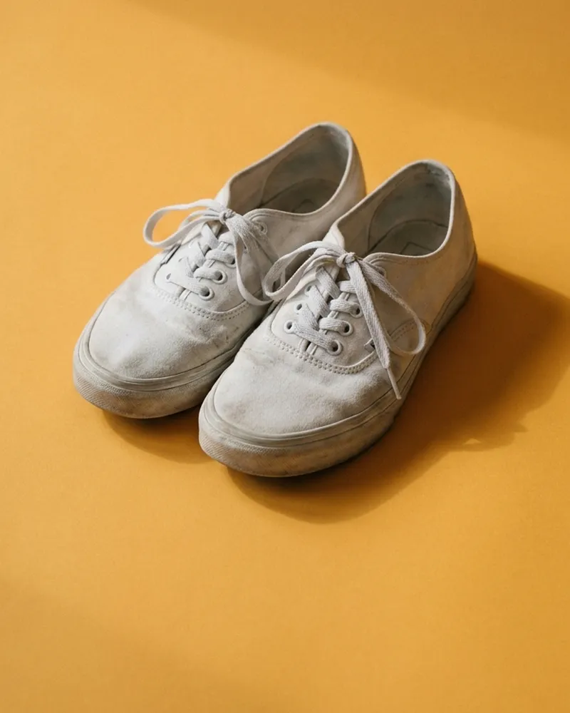 A pair of worn white canvas shoes, still laced.