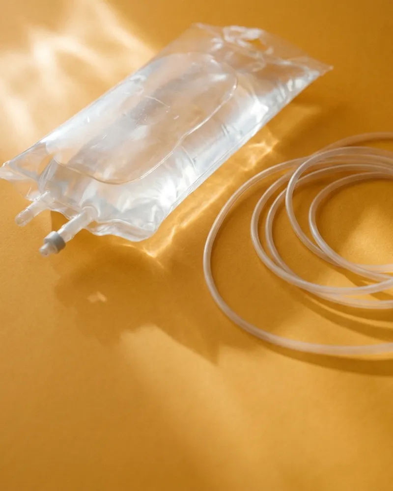 A clear infusion bag with its tubing coiled beside it.