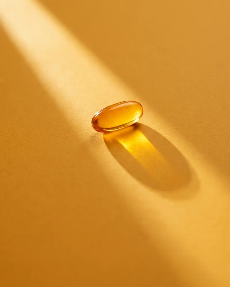 A single golden softgel capsule in a shaft of sunlight.