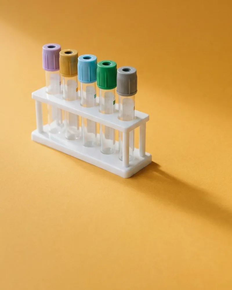 Five empty blood collection tubes with colored caps, in a rack.